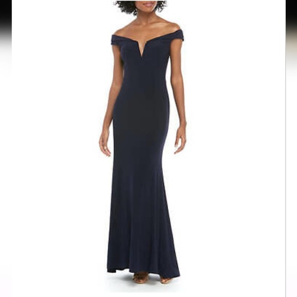 X Xscape Dresses & Skirts - X by Xscape navy blue off shoulder maxi gathered A line formal dress gown sz 8